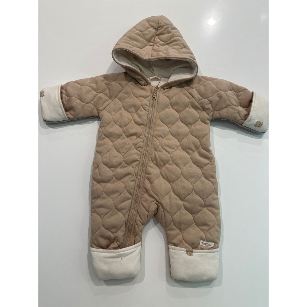 Fixoni Baby Quilted Pram Suit Hooded Bunting NEW Beige Squirrel Print 0-3m